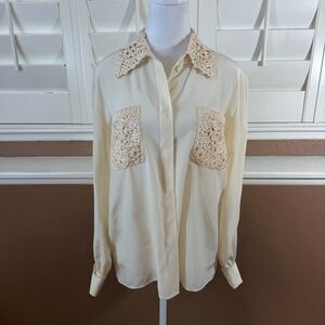 Vintage Valentino Miss V Ivory Silk Blouse Crochet Lace Collar Sz M Romantic 90s